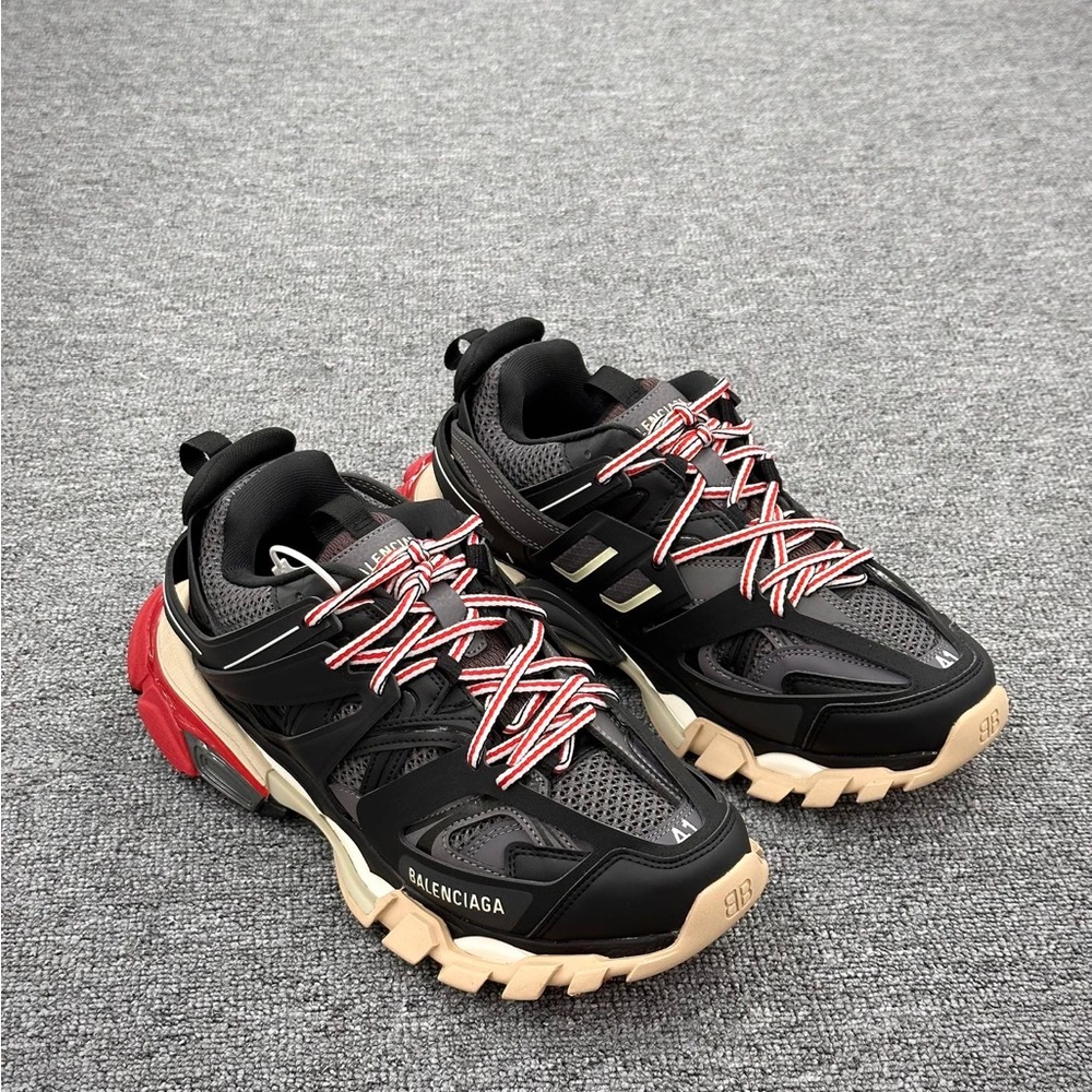Balenciaga Black, Red & Beige Track Leather Mesh Sneakers - Picture 4 of 9